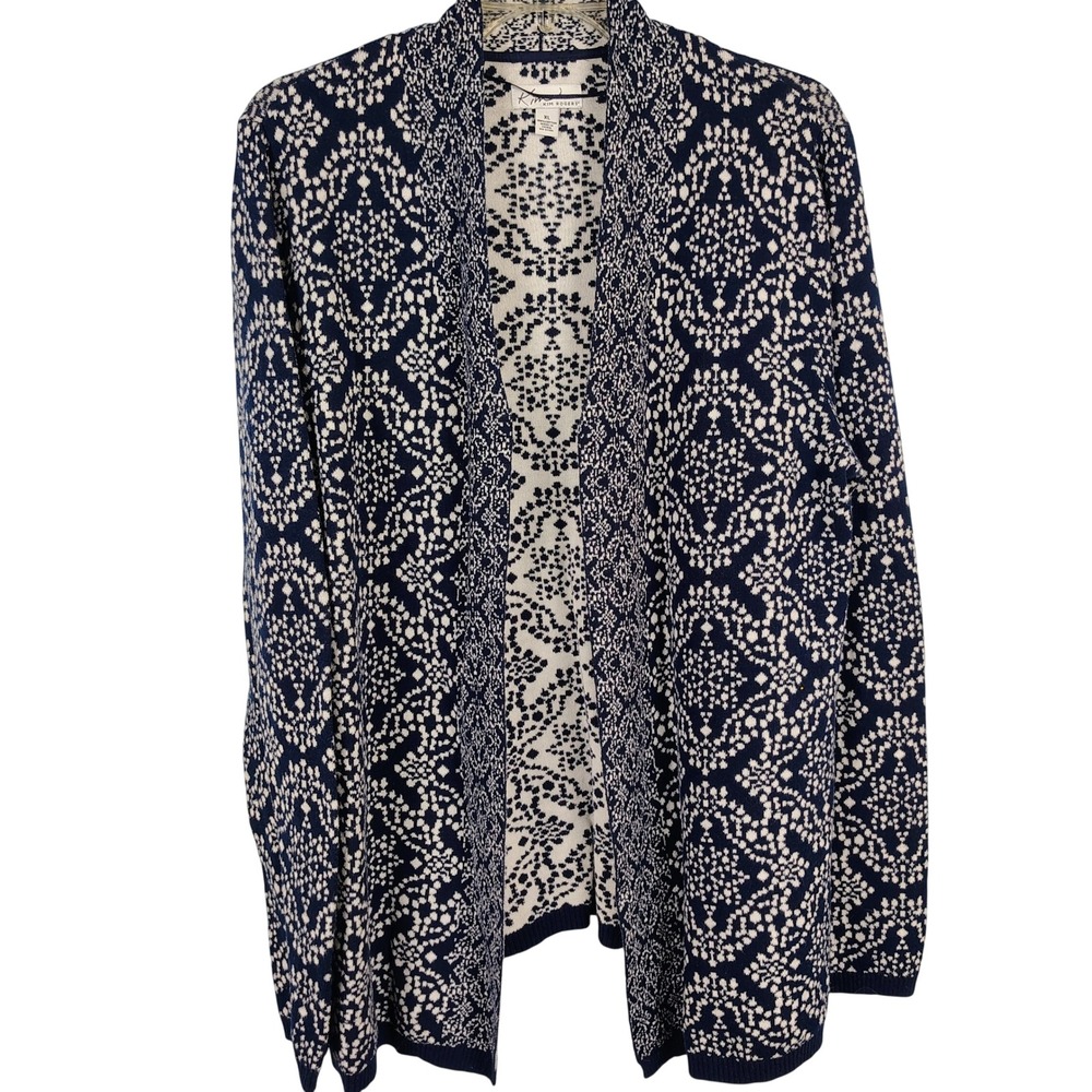Kim Rogers Womens XL Open Front Cardigan Blue White Cotton Geometric Winter Core